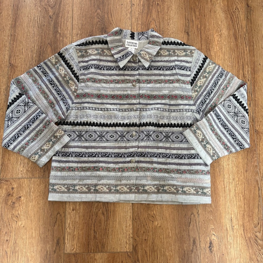 VTG Tantrums Silk Blend‎ Embroidered Patchwork Jacket XL Gray Floral Boho 90s